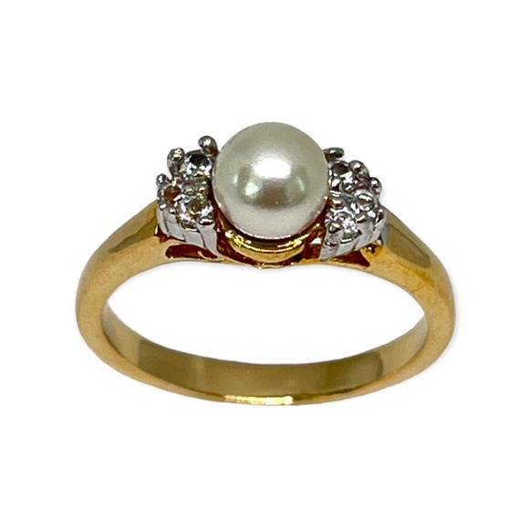 Vintage Simulated Pearl Cubic Zirconia Cocktail Ring 14KT Gold Plate - Picture 2 of 6
